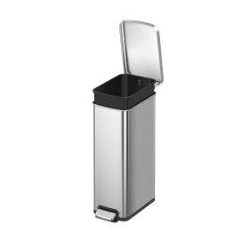 Kitchen Trash Can, 7.9 Gallon Stainless Steel Slim Step Garbage Bin with Soft Close Lid, Silver