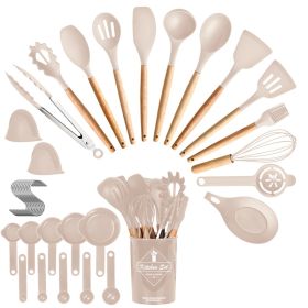 4 Colors Options -- Set Of 35Pcs Kitchen Cooking Utensils Set Spatula Set Baking Utensil Set Kitchen Accessories Necessities With Holder Egg Whis (Option: Khaki)