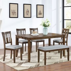 6 Piece Kitchen Dining Set, Rectangular Wooden Dining Table with 4 Upholstered Chairs and a Bench, Dining Table Set for 6 People, Living Room (Color: as Pic)